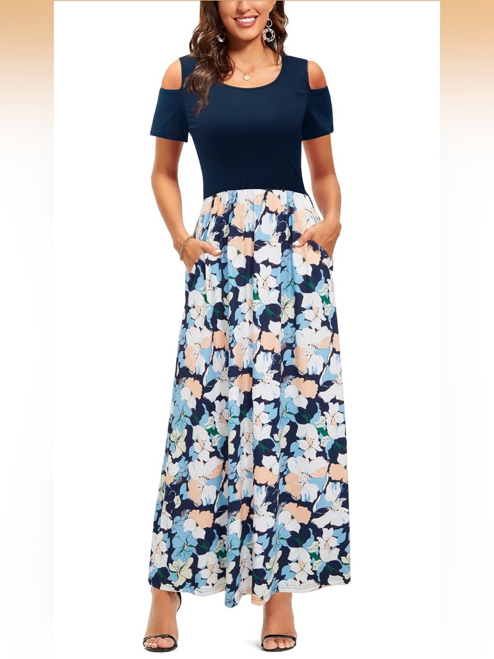 Blue and White Floral Summer Maxi Dress with Pockets